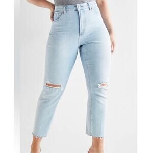 Express Super High Rise Curvy Mom Jeans 16 Light Wash Raw Hem Crop Casual Comfy